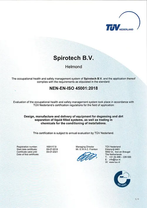 Spirotech ISO 45001 - TUV Certificaat